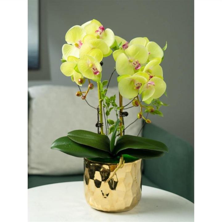 Kunstblumen Gefälschte Orchideenblumen in vergoldeter Keramikvase, künstliche Pflanzen, Bonsai-Seidenblumen für Zuhause, Büro, Balkondekoration für jeden Anlass