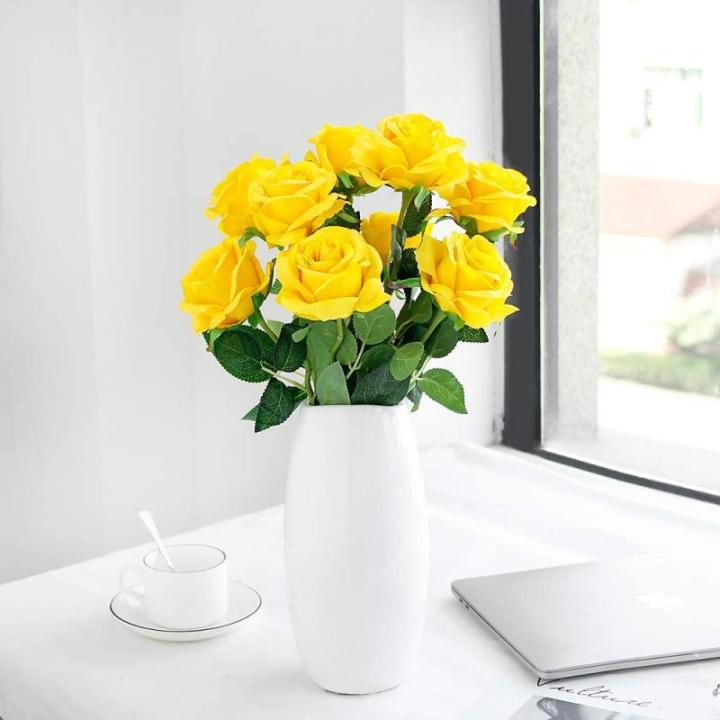 10 stuks gele rozen, kunstzijden bloemen, rozen met stelen, doe-het-zelf, bruiloft, boeket, thuis, kantoor, bruiloftsarrangementen (geel)