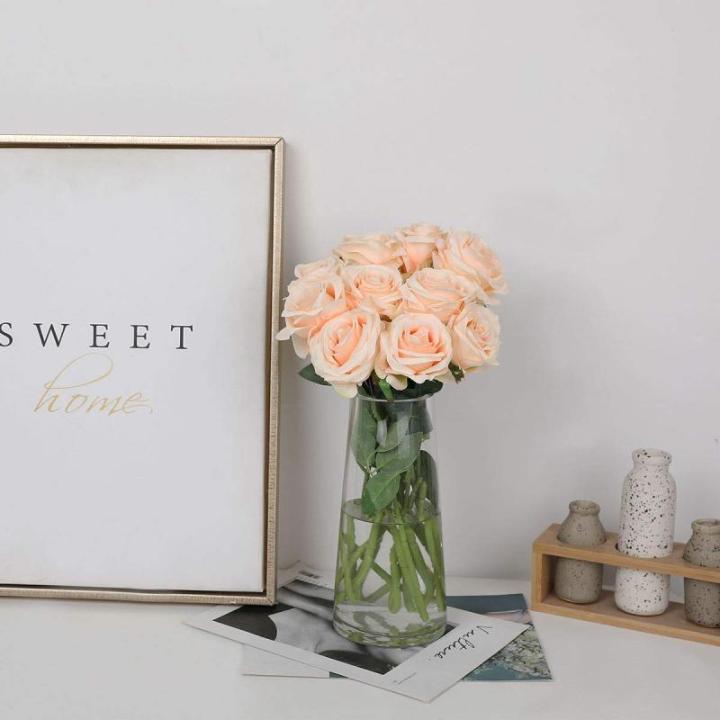 Kunstmatige Zijde Roos Bloem Enkele Stam Levensechte Nep Roos voor Bruiloft Boeket Bloemenarrangementen Huis Feest Bloemstuk Decoratie, 10 stuks (Champagne)