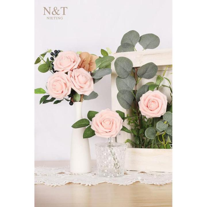 Kunstbloemen, rozen, 25 stuks, decoratieve bloemen, kunstrozen met stelen, Valentijnsdag, Moederdag, bruiloftsfeest, babyshower, woondecoratie, roze (blush pink)