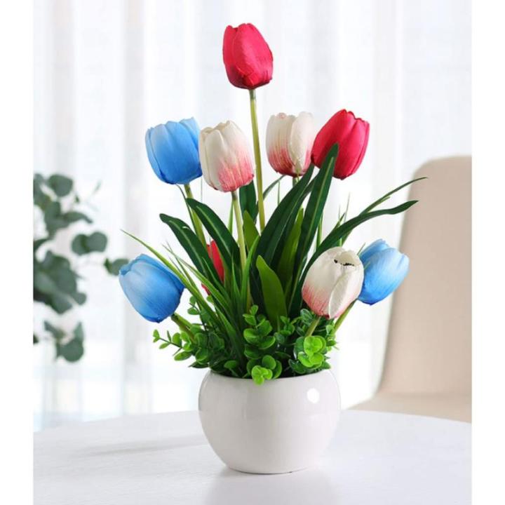 Kunstblumen Künstliche Tulpenblumen mit Keramikvase, echter Tulpenstrauß, lebendiges Tulpenblumenarrangement, für Hausgartenparty für jeden Anlass