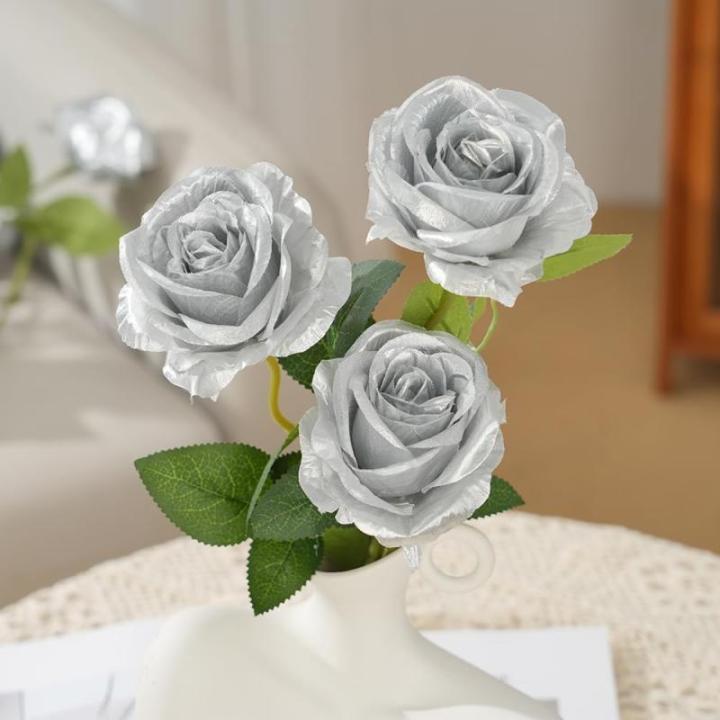 12 stuks Kunstmatige Rozen, 53cm Kunstrozen Enkele Lange Steel , Realistische voor Bruiloftsboeket, Thuis Tuin Woonkamer Hotel Kantoor Decoratie (Zilver)