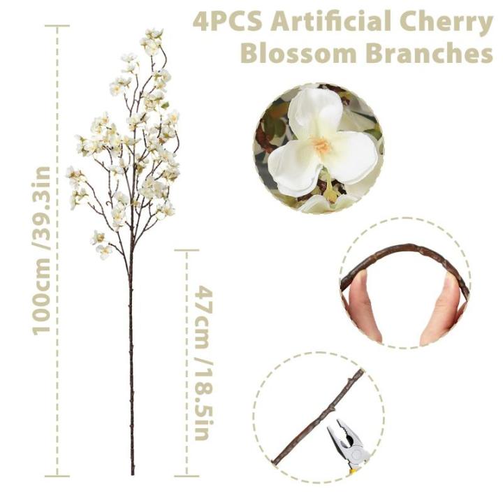 4 stuks kunstkersenbloesemtakken, witte perzikbloemen, 100 cm, kunstbloemen, bulk, lente, zijden bloemen, planten, bundel, lange stelen voor bruiloft, feest, tafel, vaas, decoratie