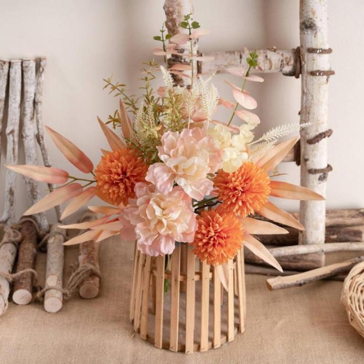 Kunstblumen Künstliche Pflanzen Blumen Deko Seidenblumen Hortensien Blumenarrangements Kernstück Hochzeit Blumenstrauß(Rosa Orange)