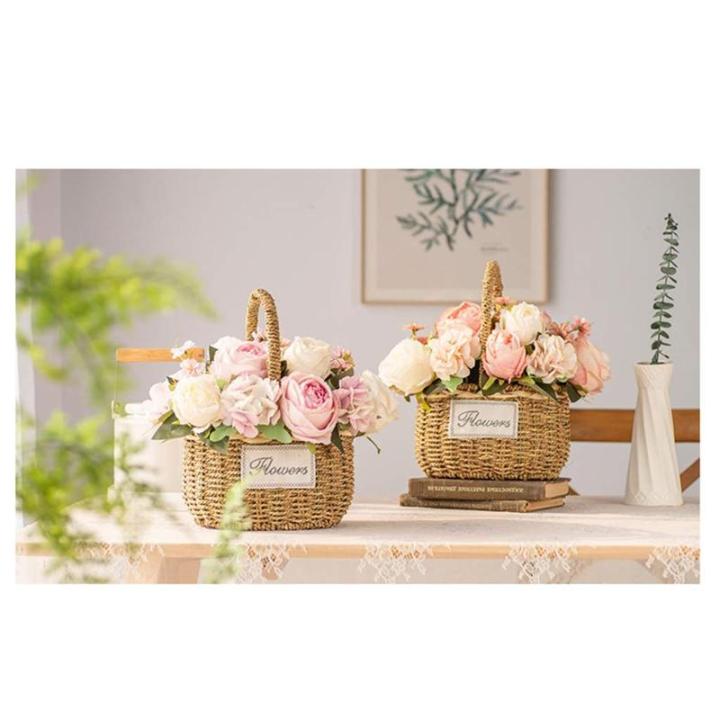 Kunstblumen Künstliche Blumen mit Vase, künstliche Hortensien mit Stroh-Handblumenkorb, künstliche Pflanzen-Dekor – Seidenrosen-Ornamente für jeden Anlass