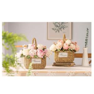 Kunstblumen Künstliche Blumen mit Vase, künstliche Hortensien mit Stroh-Handblumenkorb, künstliche Pflanzen-Dekor – Seidenrosen-Ornamente für jeden Anlass