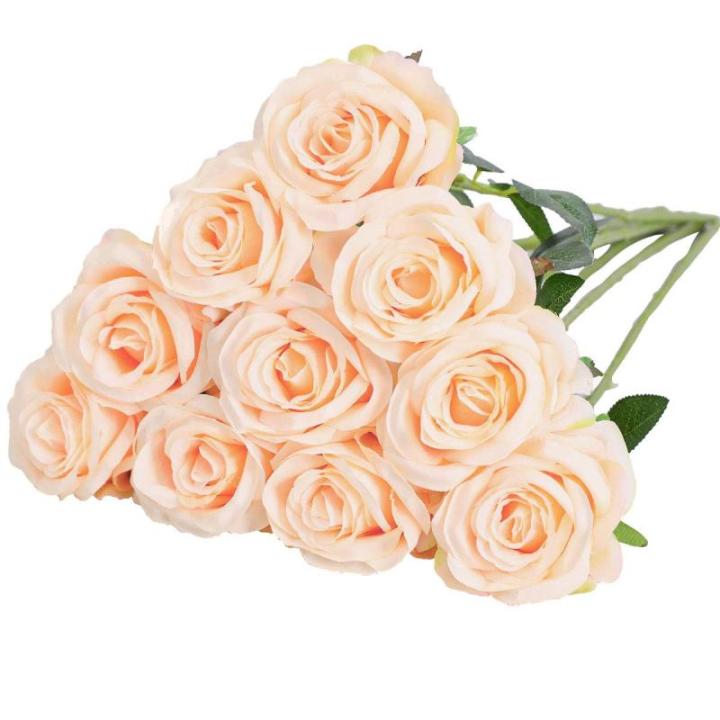Kunstmatige Zijde Roos Bloem Enkele Stam Levensechte Nep Roos voor Bruiloft Boeket Bloemenarrangementen Huis Feest Bloemstuk Decoratie, 10 stuks (Champagne)