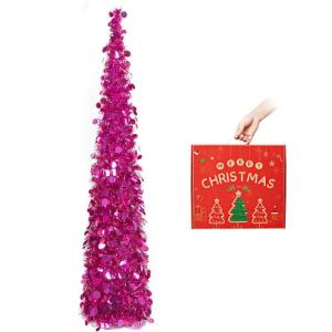 Kerstboom met standaard, 150 cm, pop-up kerstboom, lametta, kustkerstboom, voor feestdagen, kerstdecoraties, woondecoratie, kantoordecoratie, rozerood