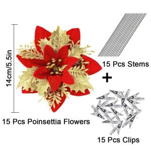 Kunstbloemen, Poinsettia, glitter, kerstbloemen met clips, kerstbloemen, ornamenten voor doe-het-zelf kransen, slinger, huis, feestdecoratie, 15 stuks, 14 cm, rood goud