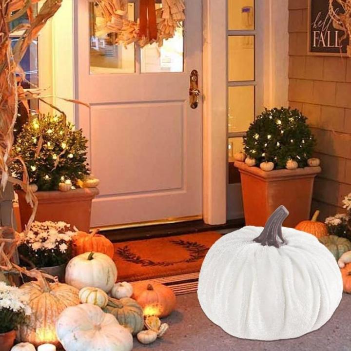Kunstkürbisse aus Samt für Herbstdekoration für Thanksgiving und Halloween-Feiern (weiß)