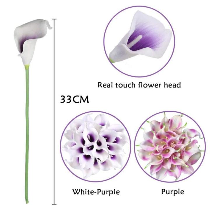 20 stuks kunstbloemen Calla lelie, bruid, latex, ware aanraking, familie, decoratie, feest, bruiloft, hotel, decoratie, boeket (paars-wit)