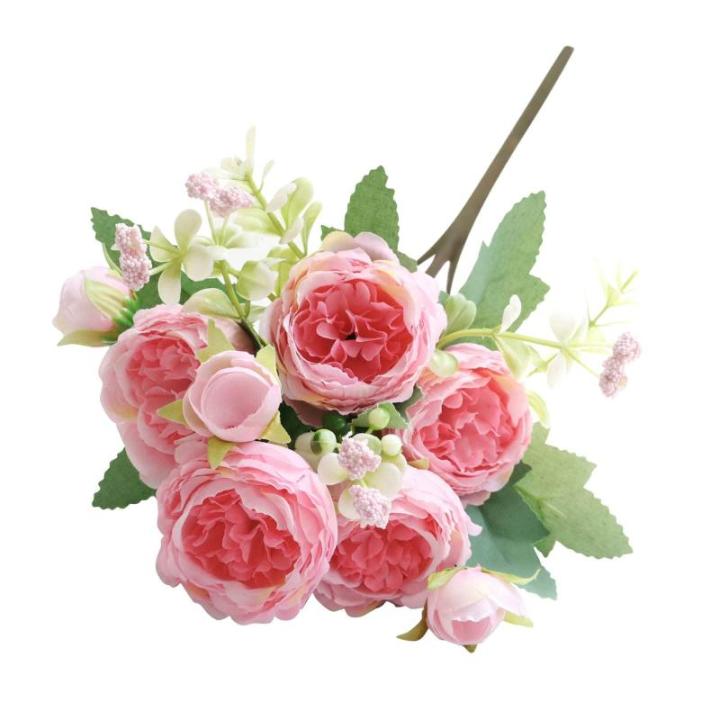 Simulation Blumenstrauß,Künstlicher Blumenstrauß Pfingstrose, 5er-Bouquet, echte Seidenblumen mit Stiel, cremefarbene Kunstblumen als Dekoration in großen Mengen(Dark Pink)