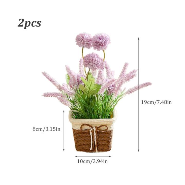 Künstliche Blumen in Töpfen 2pcs kleine realistische künstliche Hortensie Lavendel rustikale Kunststoffpflanzen mit Weaven -Topf gefälschte Bonsai -Pflanzen Hochzeitstisch Home