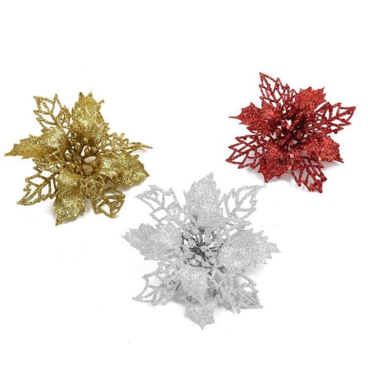 Poinsettia Kerstster met clips, 10 stuks, glinsterend voor kerstboomdecoraties, kerstbloemen voor Kerstmis, tuin, Nieuwjaar, kransen, goud