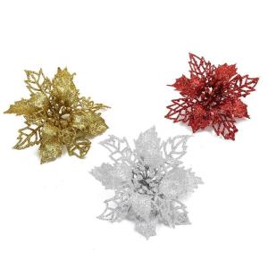 Poinsettia Kerstbloem, 30 stuks, glitter, kerststerren, bloemen met clips, voor kerstboomdecoraties, kerstbloemen voor Kerstmis, tuin, Nieuwjaar, kransen, rood