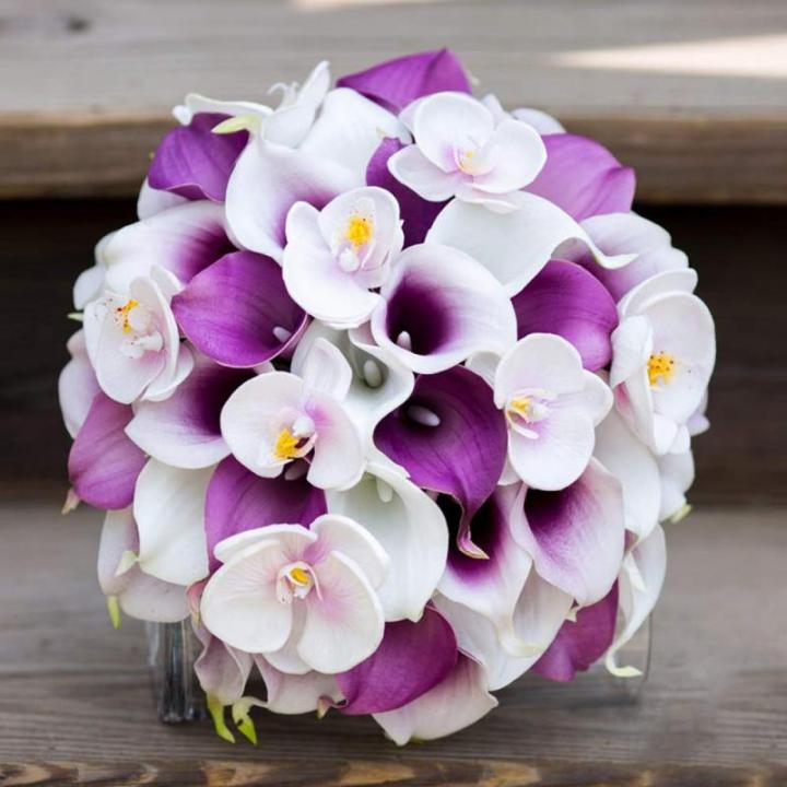 20 stuks kunstbloemen Calla lelie, bruid, latex, ware aanraking, familie, decoratie, feest, bruiloft, hotel, decoratie, boeket (paars-wit)