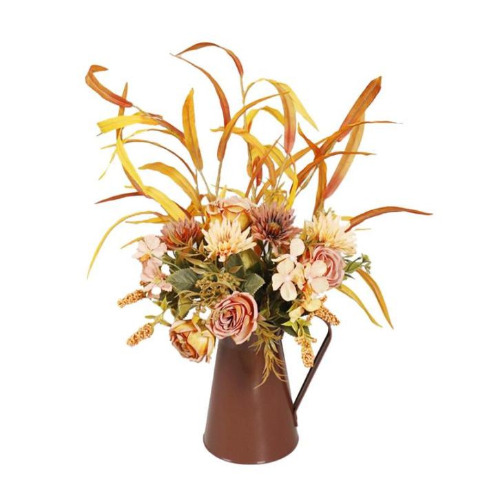 16,6 Zoll Künstlicher Blumentopf, Seidenblumen, Künstliche Blumen mit Metalltopf, Künstliche Rosensträuße mit Vase für Heimbüro-Desktop-Dekoration (Orange) (A)
