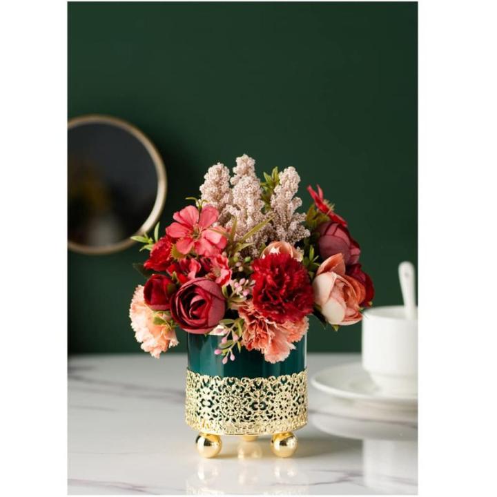 Kunstblumen Künstliche Seidenblumen mit Vase, gefälschte Blumenarrangements, Leichter Luxus-Metallständer, Keramiktopf für Zuhause, Hochzeitsdekoration für jeden Anlass