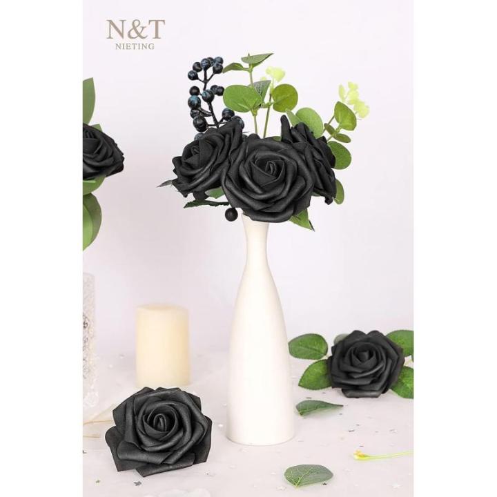 Kunstbloemen, rozen, 25 stuks, kunstrozen met stelen voor Valentijnsdag, Moederdag, bruiloftsfeest, babyshower, bruidsfeest, woondecoratie, zwart