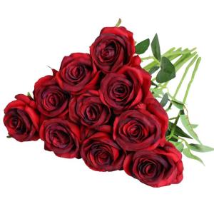 10 stuks rozen kunstzijden bloemen boeket thuis kantoor bruiloftsarrangementen (wijnrood)