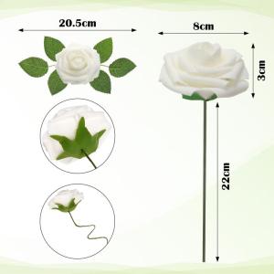 Kunstbloemen, wit, rozen, 30 stuks, 8 cm, boeket, kunstdecoratie, bloemen, kunstrozen met stelen en kaart voor Valentijnsdag, tuin, verjaardag, feest, doe-het-zelf bruiloftsdecorat