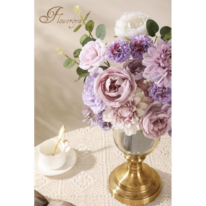 Künstliche Blumen Combo Lila Blumen Mix Seide Blumen Dahlie Rosen mit Stielen für DIY Hochzeit Brautsträuße, Babyparty, Blumenarrangement, Tischaufsätze, Heimdekorationen.