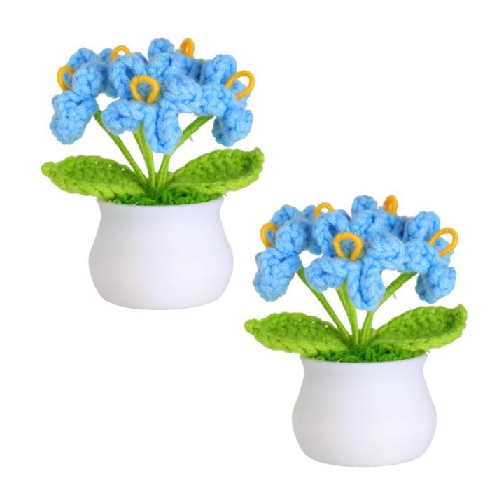 Kunstbloem, gehaakte bloemen, potplant, mini gebreide bloempot, kleine handgemaakte gehaakte bloem voor thuiskantoor tafeldecoratie, cadeau voor haar Valentijnsdag (2, blauwe bloem