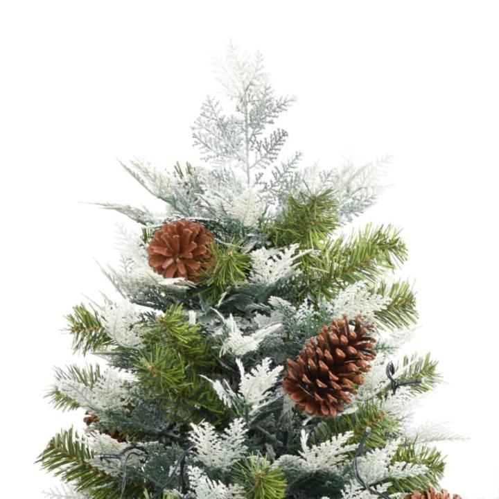 Künstlicher Weihnachtsbaum mit LED Beleuchtung Weihnachtsbaum mit Schnee mit Tannenzapfen Grün und Weiß PVC 225 x 120 cm