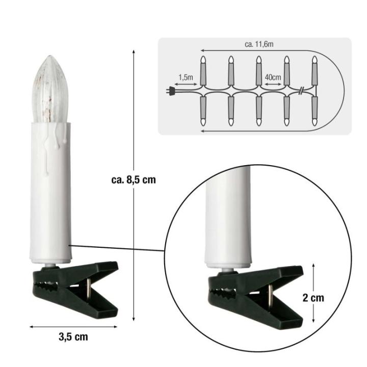 Lichtketting kaarsen kerstboom, kaarsen lichtketting binnen met clip, 30 lampen, verlichte lengte 1160 cm, afstand 40 cm kabel groene schacht wit, voedingskabel 1,5 m, voor binnen 