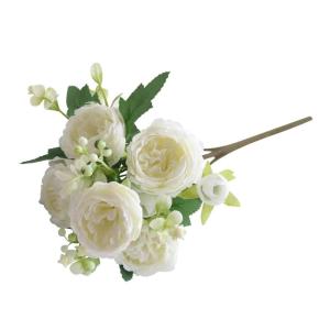 Simulation Blumenstrauß,Künstlicher Blumenstrauß Pfingstrose, 5er-Bouquet, echte Seidenblumen mit Stiel, cremefarbene Kunstblumen als Dekoration in großen Mengen(White)