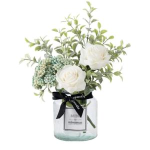 Kunstblumen Künstliche Blumen mit Glasvase, gefälschte Seide Rose Blumen Berry Arrangement Blumenstrauß for Tischmittelstück Home Hochzeitsdekor Blumenstrauß Künstlich