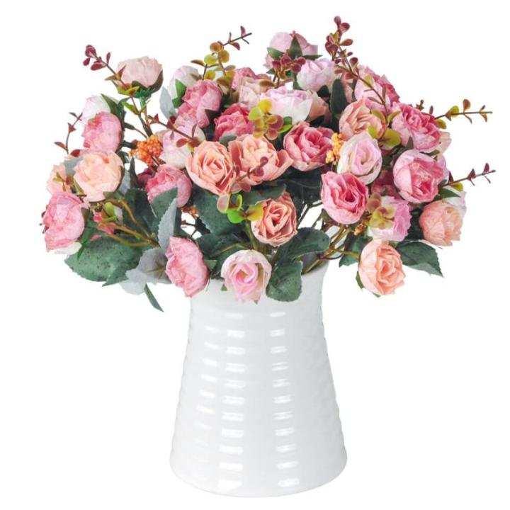 21 kunstzijden rozen, 2 bundels , decoratieve kleine boeketten , kunstboeket, realistisch plastic boeket voor huis, feest, taartdecoratie