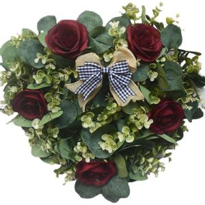 Vintage Herz-förmigen Girlande Künstliche Rose Blume Kranz mit Grün Blätter Leinen Plaid Bowknot Hochzeit Party Decor