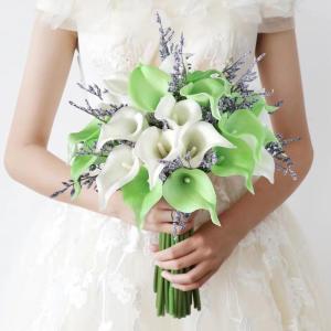 Hochzeitsstrauß for die Braut mit künstlichen Blumen, weiße und grüne Calla-Lilie, künstlicher Brautstrauß for die Hochzeit, Wasserfallform, kaskadierende Braut mit Blume