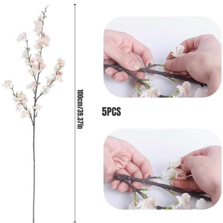 Faux Cherry Blossom Zweige 5pcs 39 Zoll realistische Kirschblütenstiele mit 4 Stielen Seidenkirschblütenblumenzweige für Vase Long Stiele Fake Blumen Vase Arrangements Style11