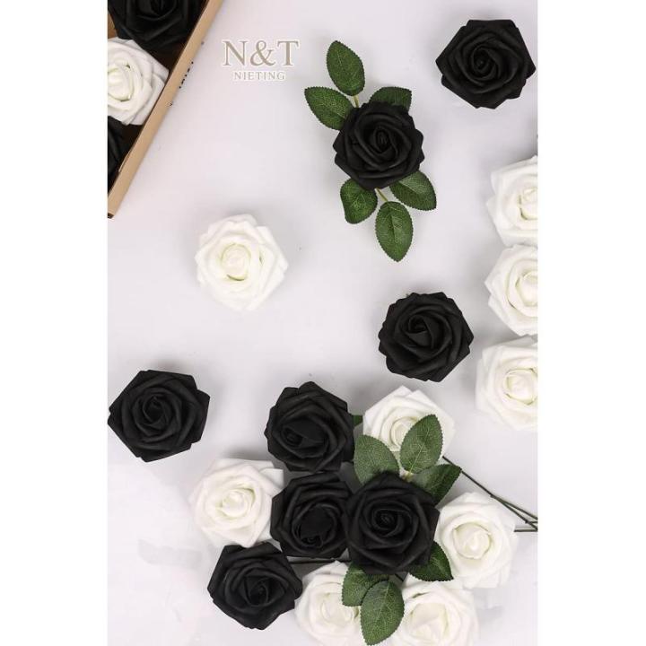Kunstbloemen, rozen, 25 stuks, kunstrozen met stelen, kunstbloemen voor doe-het-zelf bruiloft, boeketten, bruid, babyshower, woondecoratie, wit en zwart