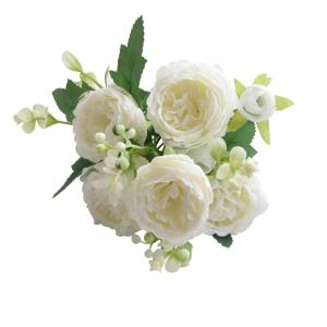 Simulation Blumenstrauß,Künstlicher Blumenstrauß Pfingstrose, 5er-Bouquet, echte Seidenblumen mit Stiel, cremefarbene Kunstblumen als Dekoration in großen Mengen(White)