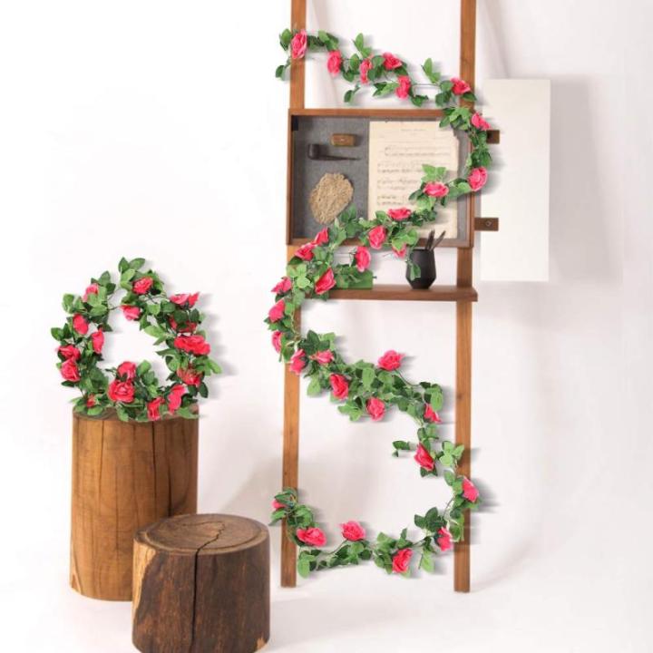 guirlande met kunstrozen, 2 stuks, 220 cm, hangende bloemen van zijde voor outdoor, indoor, bruiloft, badkamer en wanddecoratie (roze/rood)