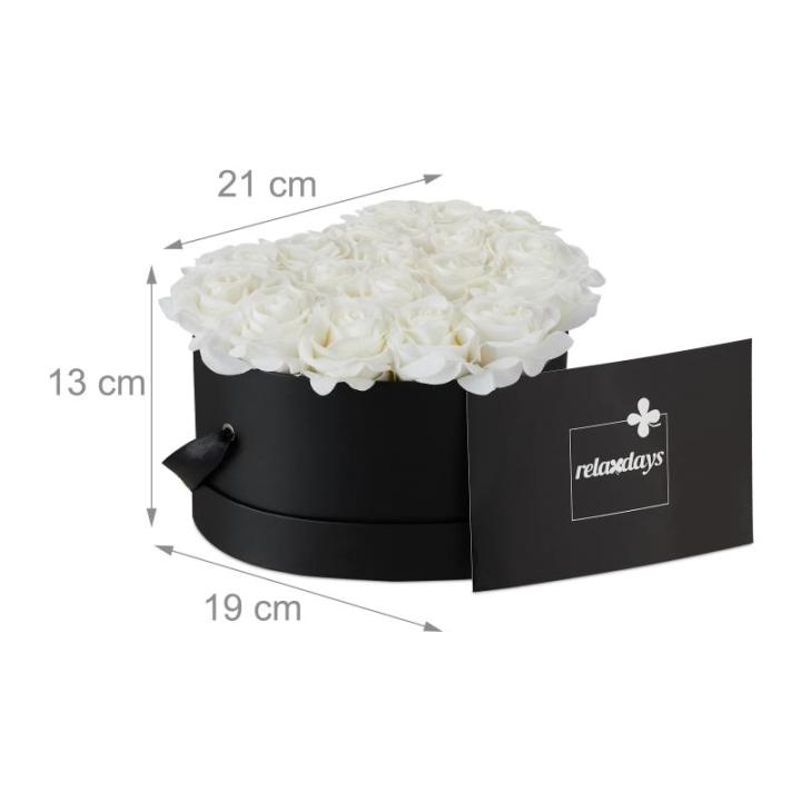 Rozenbox hart, 18 rozen, stevige bloemenbox, zwart, 10 jaar houdbaar, cadeau-idee, decoratieve bloemenbox, wit, 13 x 21 x 19 cm