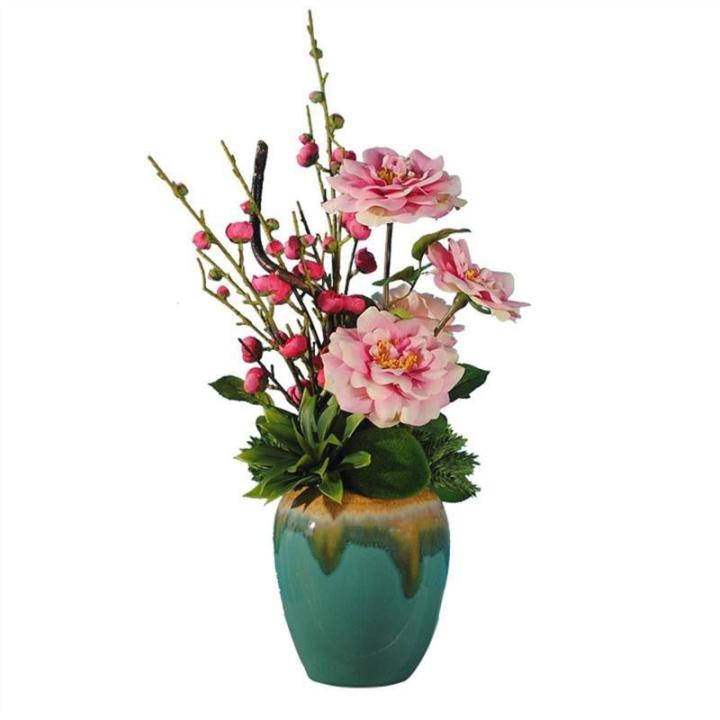 Kunstblumen Künstliche Blumen für den Innenbereich, künstliche Orchidee, Camelchang Verkündigung, Pflaume, Teeblumen-Set, Seidenblume mit Keramikvase für jeden Anlass
