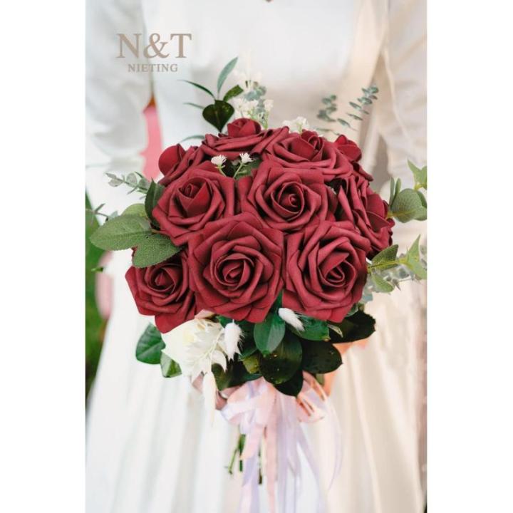 Kunstbloemen, rozen, 25 stuks, kunstrozen met steel, voor doe-het-zelf bruiloft, Valentijnsdag, Moederdag, babyshower, boeketten, bruid, woondecoratie, donkerrood