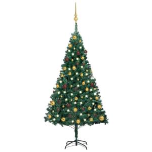Kunstkerstboom met verlichting en ballen, dennenboom, kerstboom, decoratieve boom, kunstboom, kerstdecoratie, kerstdecoratie, kerstsfeer, kerstdecoraties, groen, 150 cm