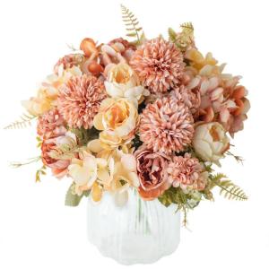 Künstliche Blumen,Kunstblumen wie echt Blumen Deko Künstlich Pfingstrose Seide Hortensien Dekoration Blumenarrangements Hochzeit Blumenstrauß(Cremeorange)