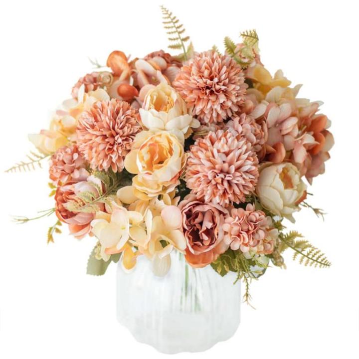 Künstliche Blumen,Kunstblumen wie echt Blumen Deko Künstlich Pfingstrose Seide Hortensien Dekoration Blumenarrangements Hochzeit Blumenstrauß(Cremeorange)