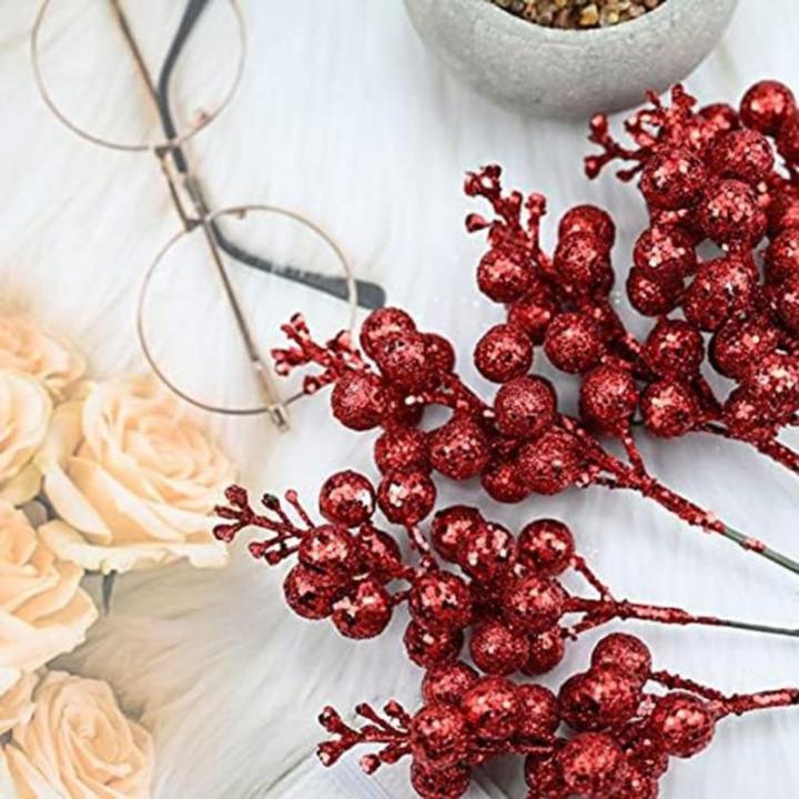 30 glitzernde künstliche Glitzer-Beerenstiel-Ornamente, Weihnachtsbaum-Plektren, glitzernde Zweige für Weihnachtsbaumdekoration, DIY, Basteln, Dekoration, Heimdekoration (rot)