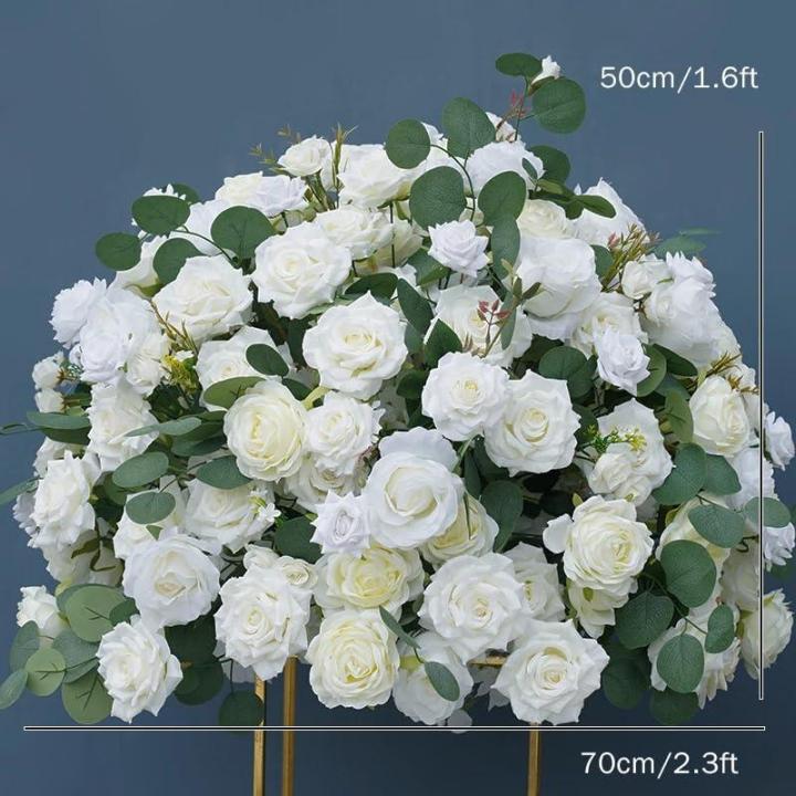 Weiße Rose Eukalyptus Blätter Blume Kugeln, gefälschte Blumen Rosen Kugeln für Mittelstücke Hochzeit Tisch Party Zubehör Bühne Straße Blei Floral (70cm)
