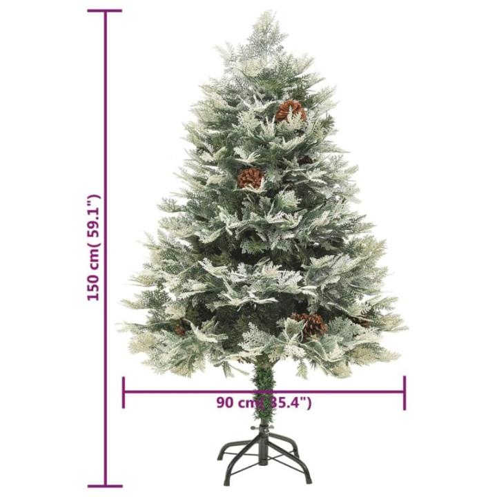 Künstlicher Weihnachtsbaum mit LED Beleuchtung Weihnachtsbaum mit Schnee mit Tannenzapfen Grün und Weiß PVC 150 x 90 cm