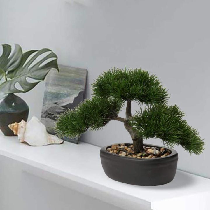 Kunstbonsai Natuurgetrouwe kunstplant, kunstboom, bonsai, ceder, grenen, podocarpus, plastic plant, kunstplant met keramische pot in zwart, voor badkamerdecoratie, desktop, kantoor