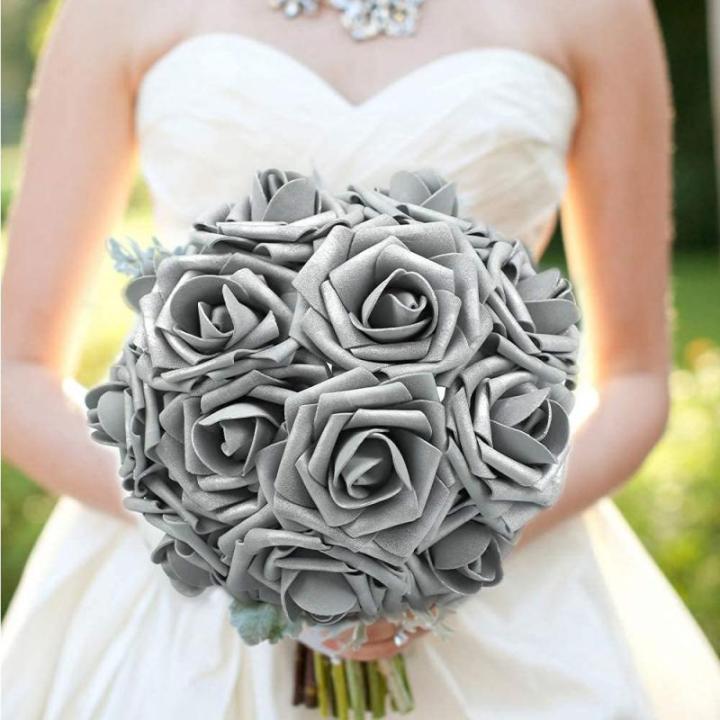 Künstliche Rosen Blume, 25 Stück Schaumrosen Fake Rosen mit Stielen für Hochzeit Blumensträuße Braut Babydusche Party Zuhause Dekoration, Silbrig