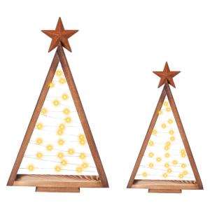 Houten kerstboomdecoratie, 2 stuks, met verlichting, dennenboom, hout, kerstdecoratie, hout, lichtgevende kerstboom van hout, werkt op batterijen, houten kerstboom voor Kerstmis